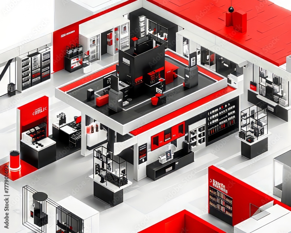 Fototapeta premium Isometric Red and Black Shop Illustration