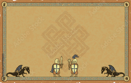 Medieval Parchment with Knights, Dragons, Infinity Knot