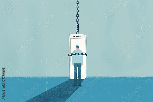 Sad depressed man chained to cellphone nomophobia blue white social media addiction anxiety illustration