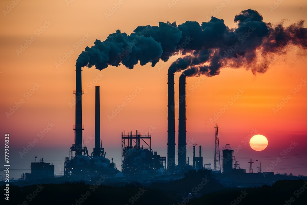 Chemical industry emits black smoke from chimney against sunset backdrop