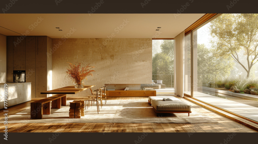 Modern interior design of apartment, dining room with table and chairs, empty living room with beige wall, panorama. Modern interior design of apartment, dining room with table and chairs, empty living room with beige wall, panorama.