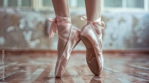 ballet dancer feet, pink pointe shoes closeup photo
