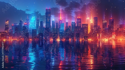Futuristic cityscape, skyscrapers with holographic displays