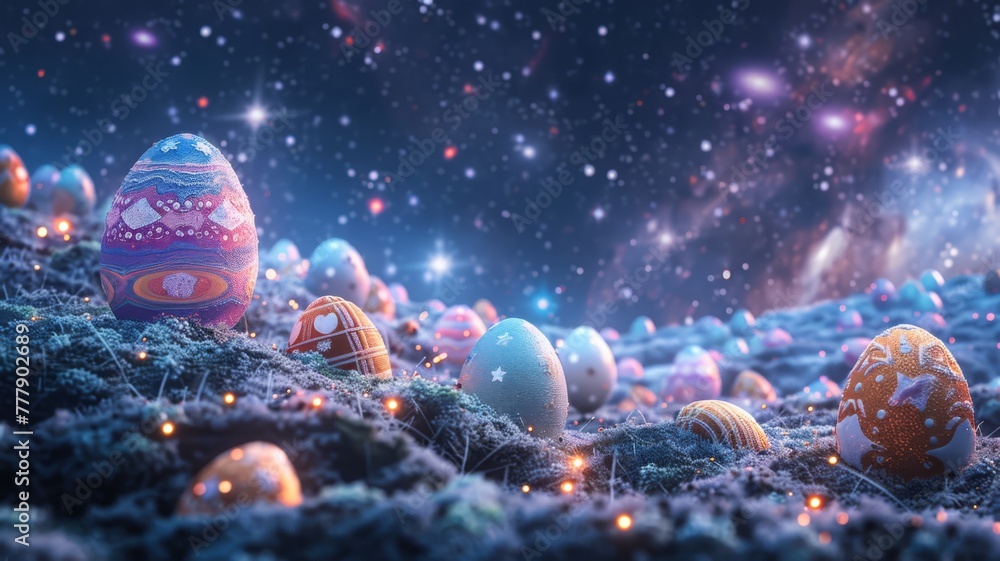 Pastel Easter eggs scattered across a starry night sky