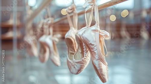 close-up of pale pink pointe classic ballet shoes hanging from bar, ballerina shoes photo