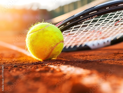 Close-up of a black tennis racket and yellow ball on clay court, sport, sunny day