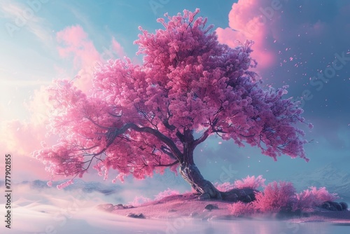 A magical tree of dreams stands tall in a surreal landscape, its pink and blue hues casting a spell of wonder and enchantment.