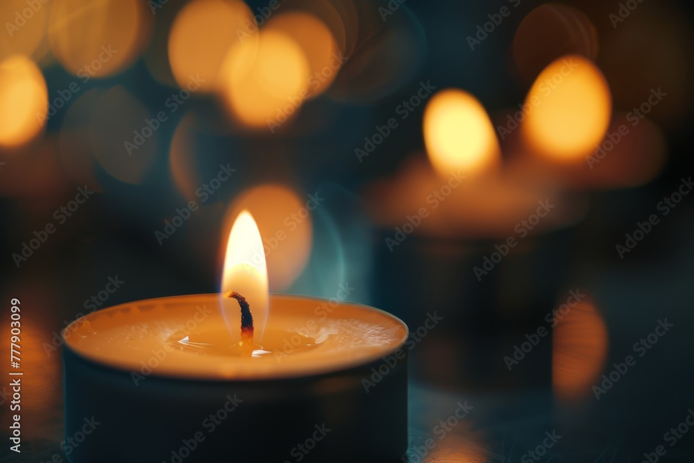 Lit candle on a dark background with bokeh