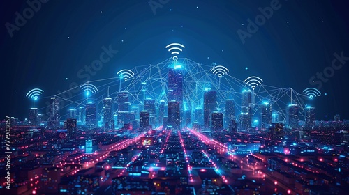 Wi-Fi smart city or network. Low poly wireframe. Building automation with computer board illustration. Isolated on a dark blue background. Plexus points and lines. Wireless smart city or network