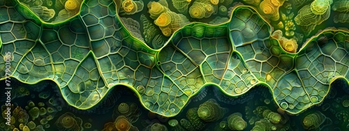 Microscopic view of leaf cells in varying shades of green with water droplets. photo