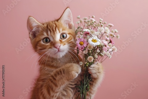 Adorable kitten surprises with flower bouquet for a romantic Valentine's Day gift. photo