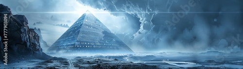 Ancient wisdom meets modern technology as a crystal pyramid rises from the earth, its binary code engravings blending past and future.