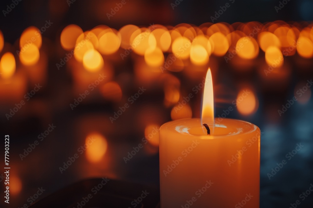 Lit candle on a dark background with bokeh