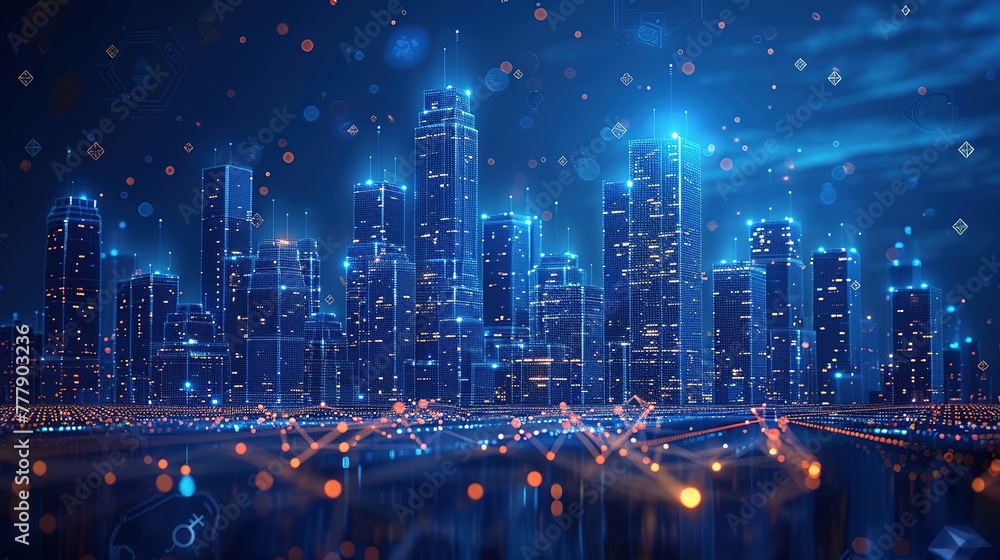 Naklejka premium Wi-Fi smart city or network. Low poly wireframe. Building automation with computer board illustration. Isolated on a dark blue background. Plexus points and lines. Wireless smart city or network