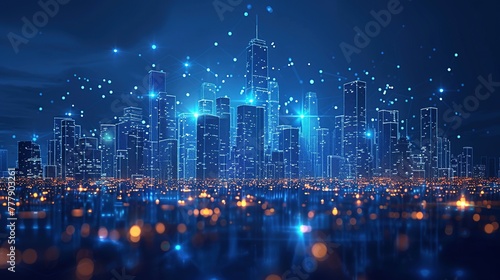 Wi-Fi smart city or network. Low poly wireframe. Building automation with computer board illustration. Isolated on a dark blue background. Plexus points and lines. Wireless smart city or network photo