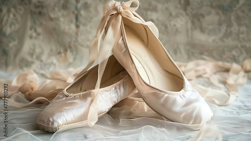 classic ballet white pointe shoes, ballerina shoes photo