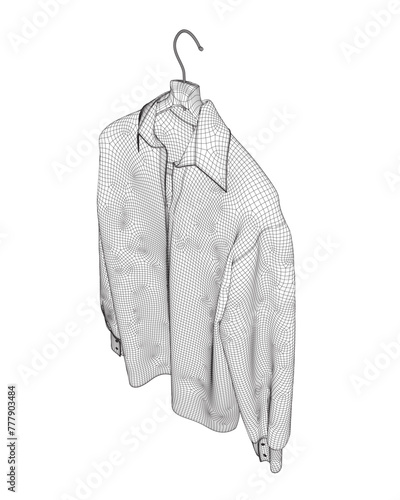 Wireframe shirt with button down collar isolated on white. Wireframe of a long sleeved shirt hanging on a hanger made of black lines isolated on a white background. Vector illustration.