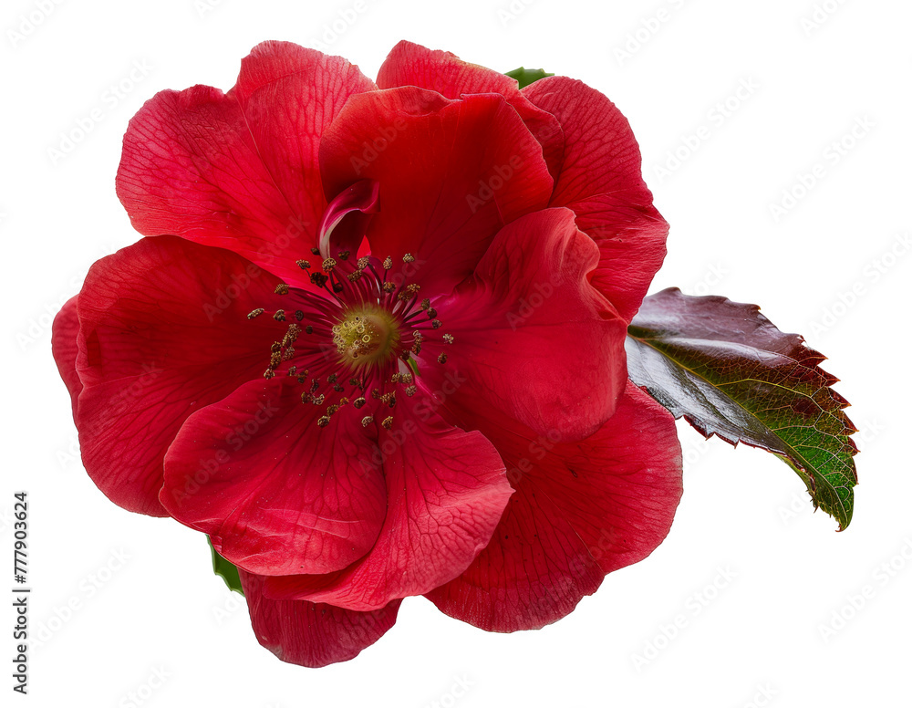 A red flower with a green leaf, cut out - stock png.
