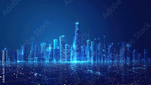 Wi-Fi smart city or network. Low poly wireframe. Building automation with computer board illustration. Isolated on a dark blue background. Plexus points and lines. Wireless smart city or network