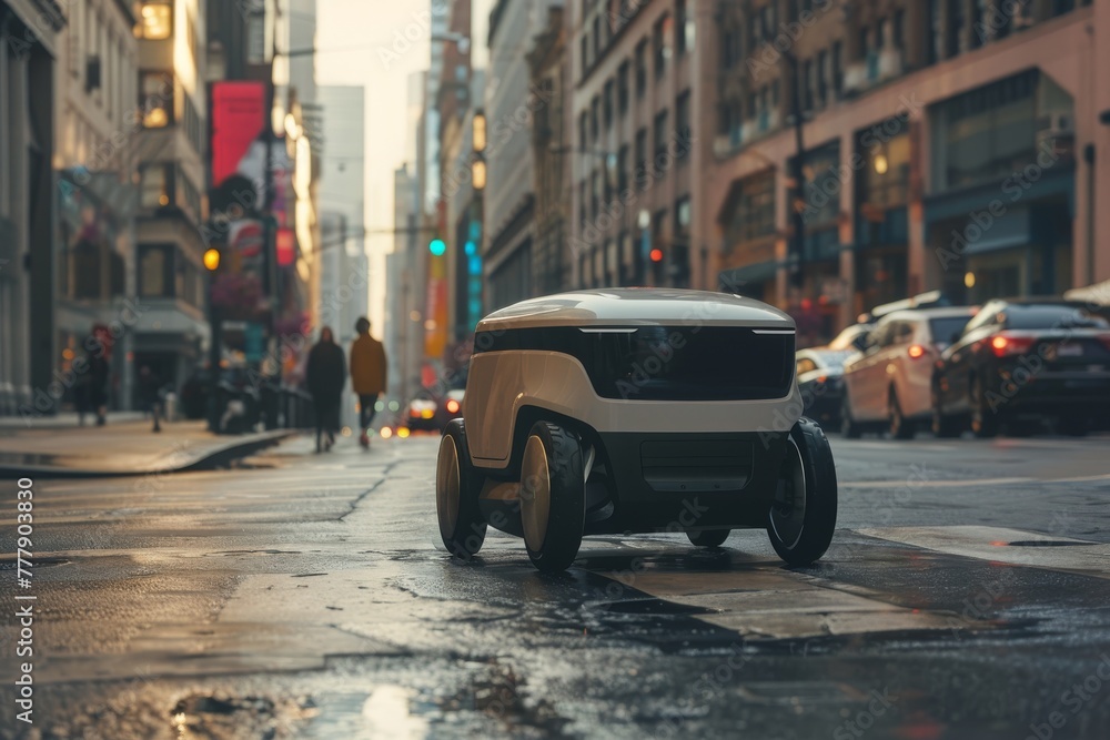 Autonomous delivery robot glides through city streets. Autonomous delivery robot glides through city streets.