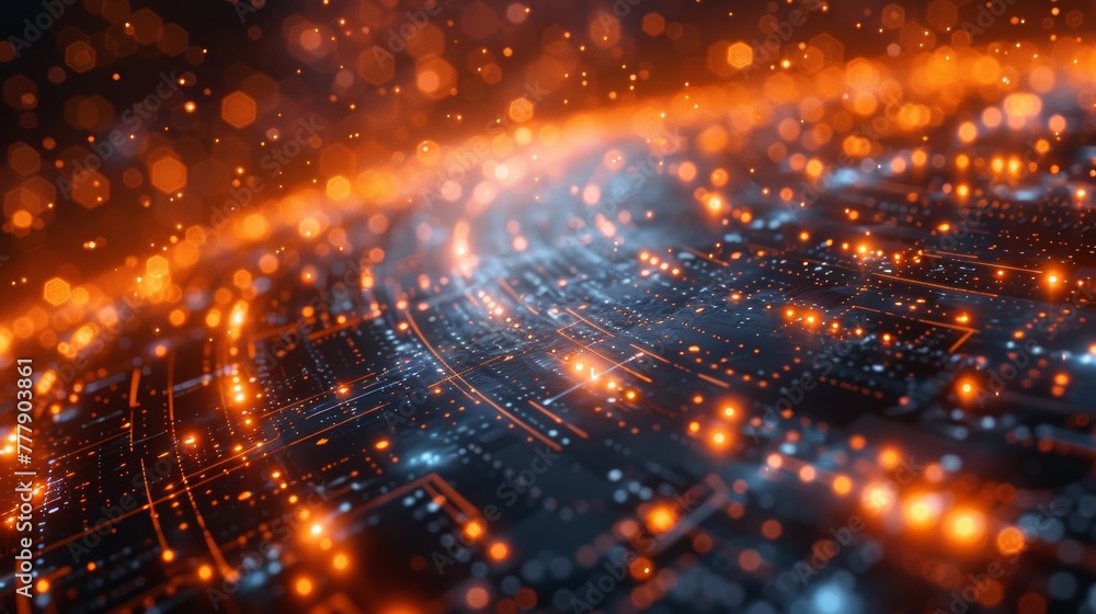 Obraz premium Tech Earth Globalization networking, orange line lights transmit data, Transfer speed data internet, triangle digital data, zoom out camera.