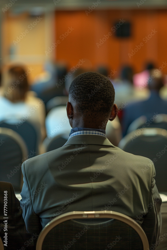 Rear view of diverse unidentifiable audience members sitting in front of a stage at a business and entrepreneurship symposium. The audience is engaged and attentive while listening to the speaker. Rear view of diverse unidentifiable audience members sitting in front of a stage at a business and entrepreneurship symposium. The audience is engaged and attentive while listening to the speaker.