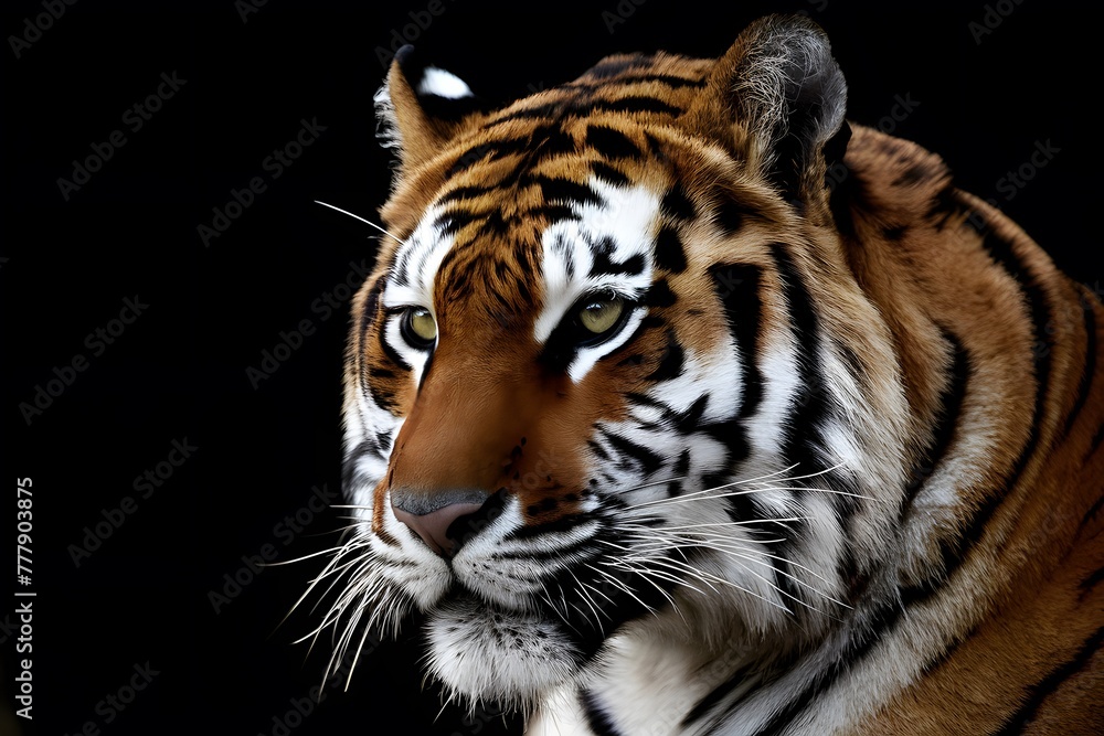 Close up face of tiger evokes majestic beauty against dark backdrop Close up face of tiger evokes majestic beauty against dark backdrop
