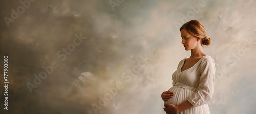 Beautiful pregnant caucasian woman wearing a white dress, gently holding her hands on her belly, exuding joy and anticipation against a simple background.