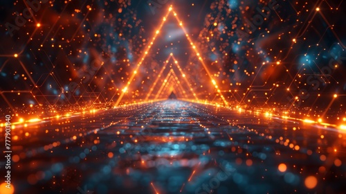 Tech Earth Globalization networking, orange line lights transmit data, Transfer speed data internet, triangle digital data, zoom out camera.