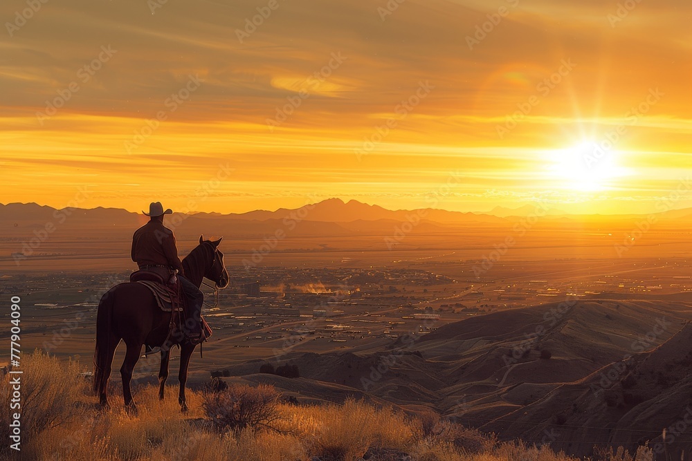 A cowboy and his horse, on the crest of a hill, look out over a sprawling desert town as the sun sets behind them