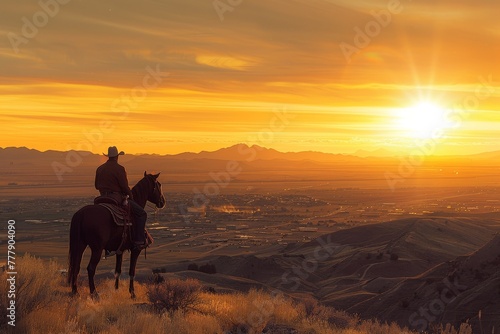 A cowboy and his horse, on the crest of a hill, look out over a sprawling desert town as the sun sets behind them © kitinut