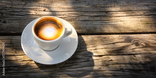 Título Café quente fumegante em uma mesa rústica de madeira