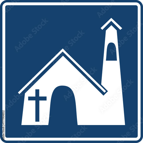 iglesia, señal color azul, pictograma, informativa, servicios generales, rectangular, rectangular informativo, icono, vector, azul, símbolo, información, silueta, ilustración, señales, imagen, indicar