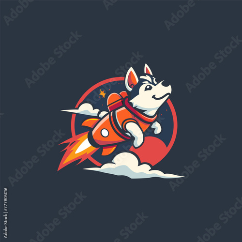 Dog riding rocket logo design vector illustration template