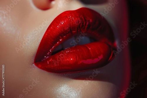 Female beautiful Red lips, Red Sexy Lips and Nails closeup, Generative AI