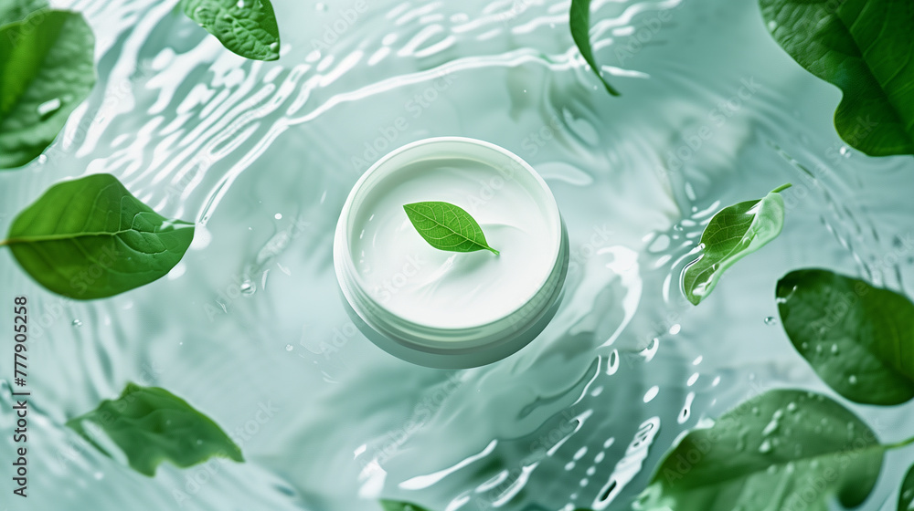 Natural Skincare Cream Jar with Fresh Leaves on Rippled Water Natural Skincare Cream Jar with Fresh Leaves on Rippled Water