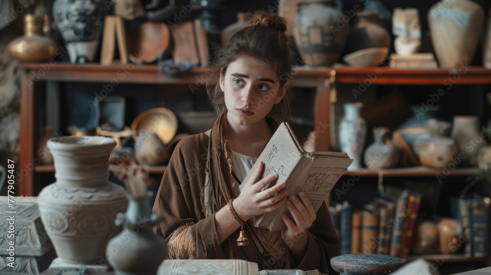Educational influencer explaining history with ancient artifacts replicas Educational influencer explaining history with ancient artifacts replicas