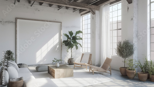 Modern living room with rustic beams, a plush sofa, and potted plants, offering a blend of comfort and raw beauty in natural light.