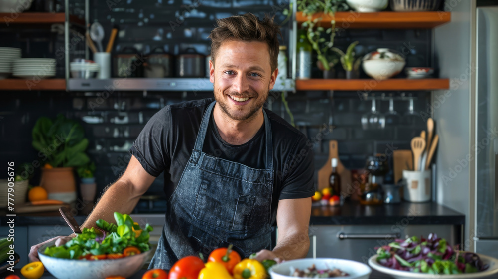 Fototapeta premium Health influencer discussing vegan recipes, vibrant dishes prepared live