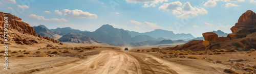 Majestic Desert Landscape: Mountains, Dirt Road, Panoramic View © shiyi