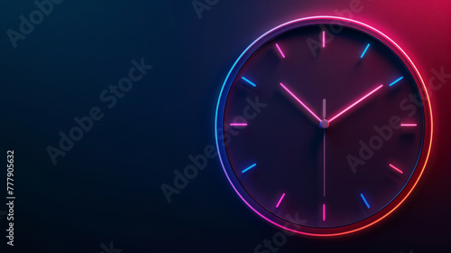 Geometric neon clock face frame, timelessly modern, on a simple dark background, photo