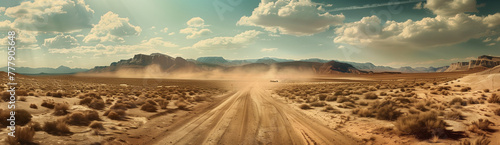 Majestic Desert Landscape: Mountains, Dirt Road, Panoramic View photo
