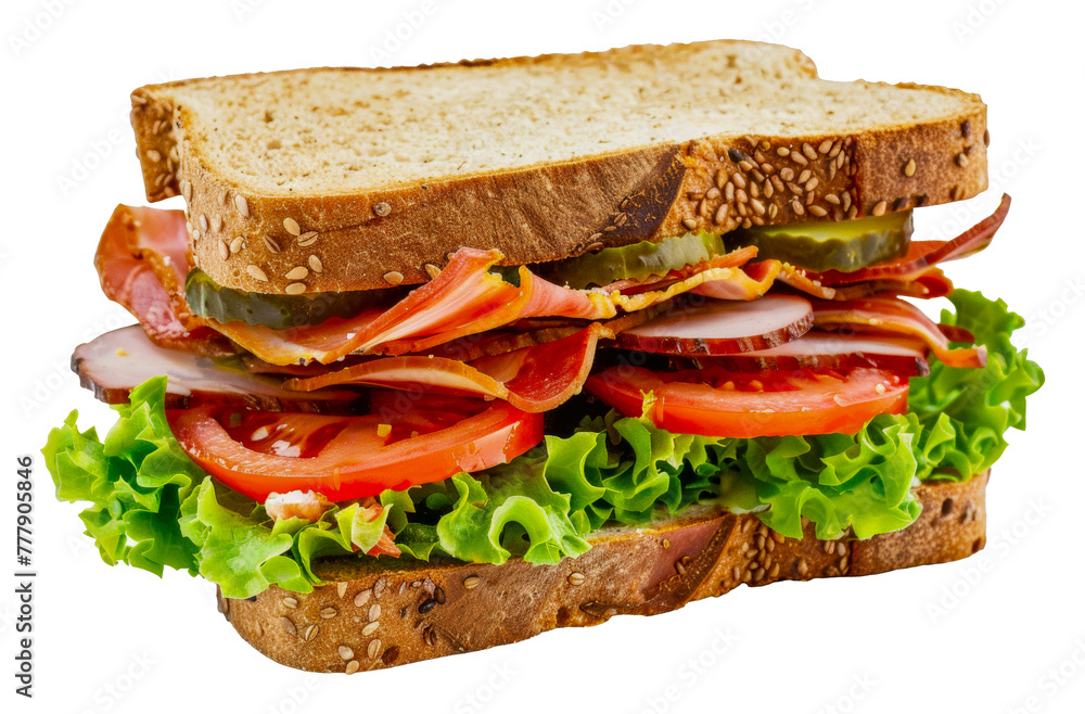 A sandwich with lettuce, tomato, and pickles, cut out - stock png.
