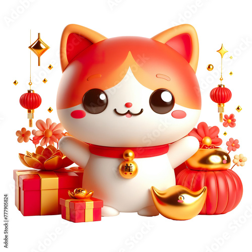 Cute character 3D image concept art of a cute lucky cat. Lunar new year Red and yellow color scheme  minimalist white background