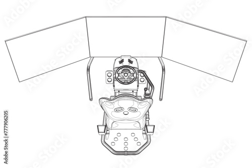 Electronic wheel technology for computer game, vector illustration. Race gaming simulator contour. Learn to drive with gaming wheel. Driving school, simulation driving lesson. Car racing video game