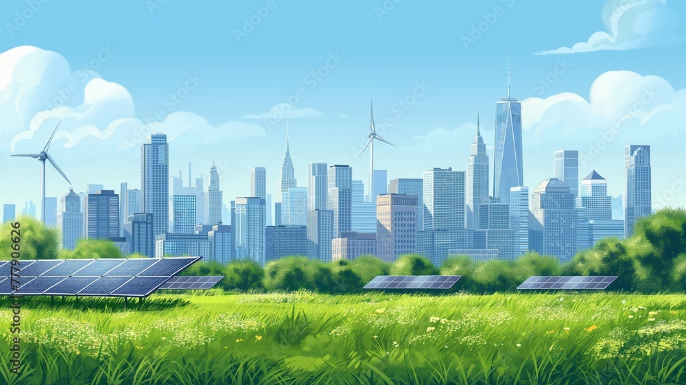 Cityscape with lush green landscape and towering skyscrapers against a clear sky.Generative AI illustration