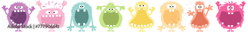 funny hairy monsters, collection of characters in pastel rainbow colors with copy space in their open big mouths, seamless border pattern, cartoon vector illustration