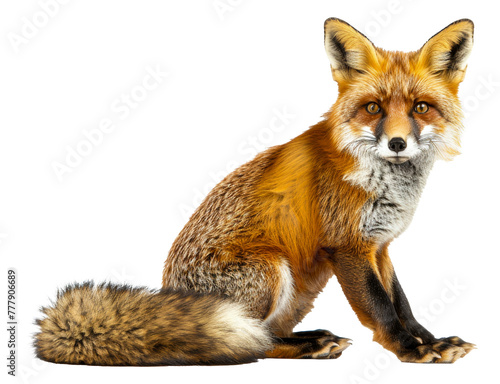 A fox is sitting on the ground with its tail curled up, cut out - stock png.