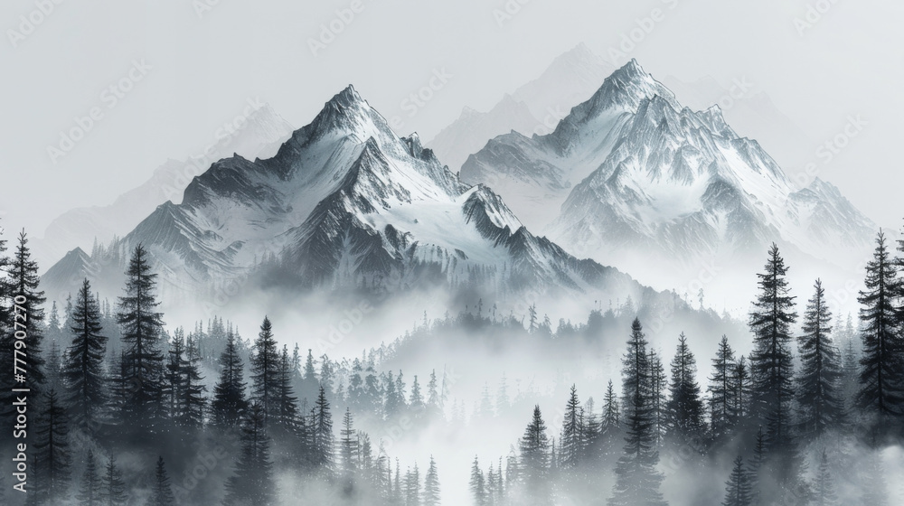 Mountain with pine trees and landscape black on white background. Hand drawn rocky peaks in sketch style. Vector illustration.