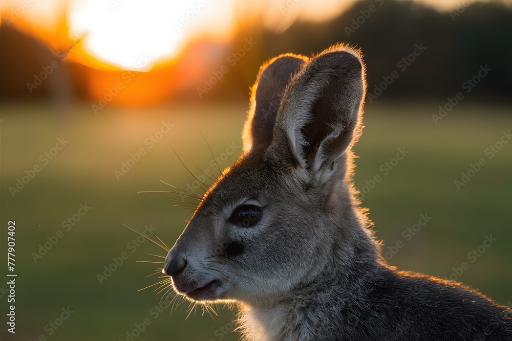 Fototapeta premium Closeup of fluffy wallaby ear against golden sunset backdrop